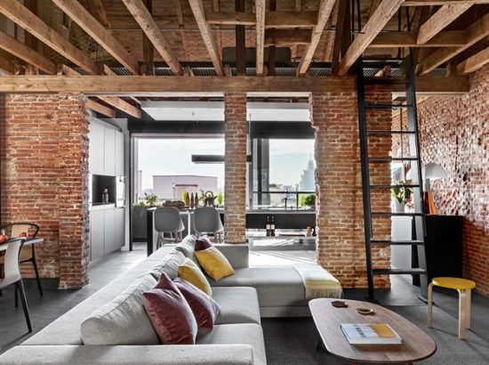 Loft style living room arrangement