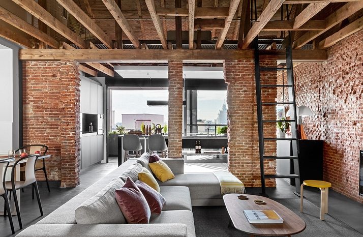 Loft style living room arrangement